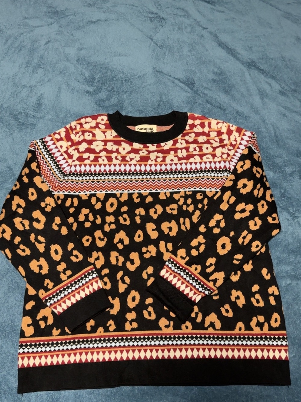 Savanna Jane Black & Tan Leopard Crewneck Sweater with Red Patterned Yoke